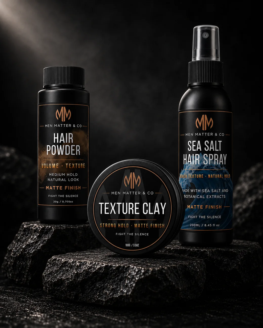 Men Matter & Co product range — Hair Powder, Texture Clay and Sea Salt Hair Spray